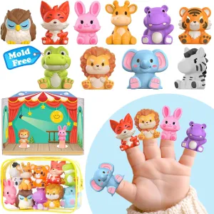 Oriate Safari Animal Finger Puppets Bath Toys, Story Time Puppets Toys with Pretend Play Stage, Toddler Bath Toy with Storage Bag, Mold Free Travel Party Favors Easter Basket Stuffers 12m 10Pcs