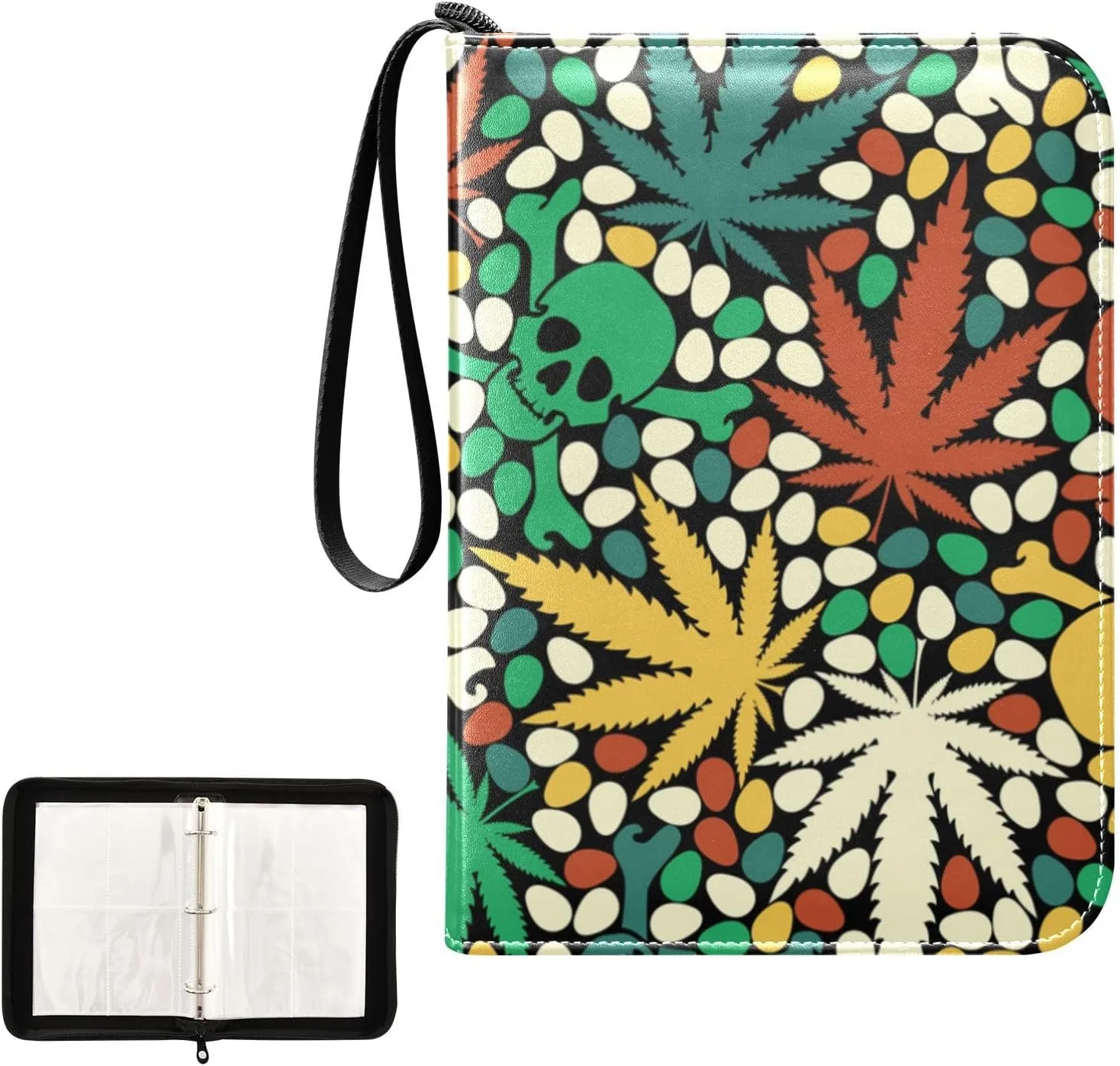 OTVEE Card Binder Colorful Skulls Marijuana Leaves Trading Card Album with 50 Removable Sleeves Fits 400 Card