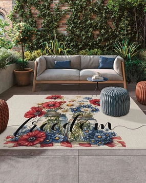 Outdoor Rug 5x8ft, Poppy Independence Day Floral Indoor Area Rug for Patio Backyard Deck Large Floor Mat, Vintage Wild Flowers Non-Slip Outside Carpet Balcony Porch Camping Rugs Picnic Mat