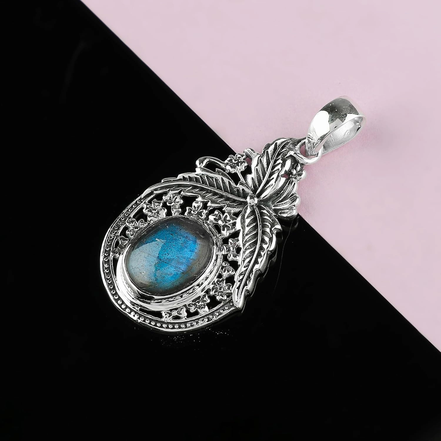 Oxidized Solid 925 Sterling Silver Pendant, Natural Labradorite Gemstone Cabochon Bezel Pendant, Designer Bohemian Handmade Elegant Jewelry Minimalist Christmas Gifts