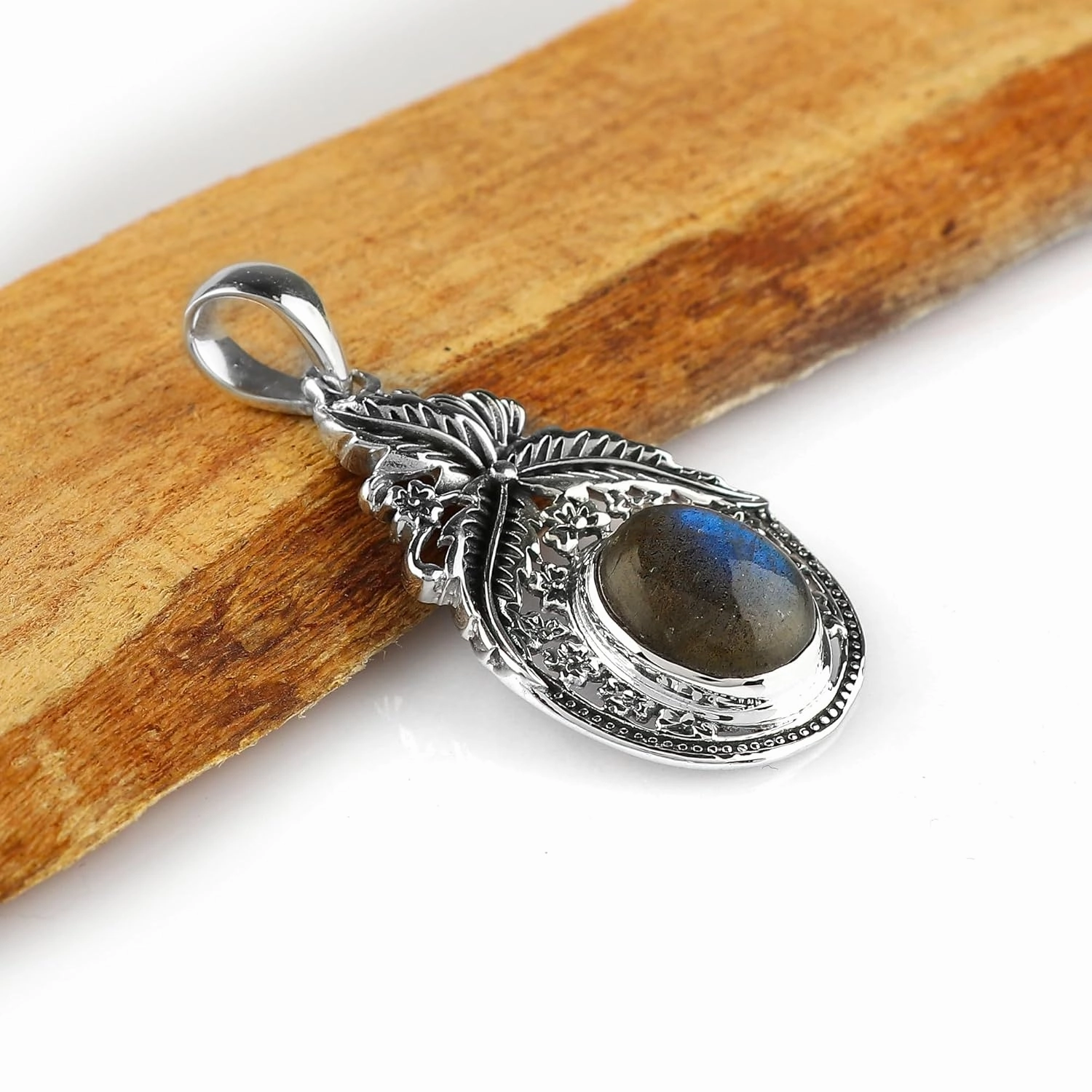 Oxidized Solid 925 Sterling Silver Pendant, Natural Labradorite Gemstone Cabochon Bezel Pendant, Designer Bohemian Handmade Elegant Jewelry Minimalist Christmas Gifts
