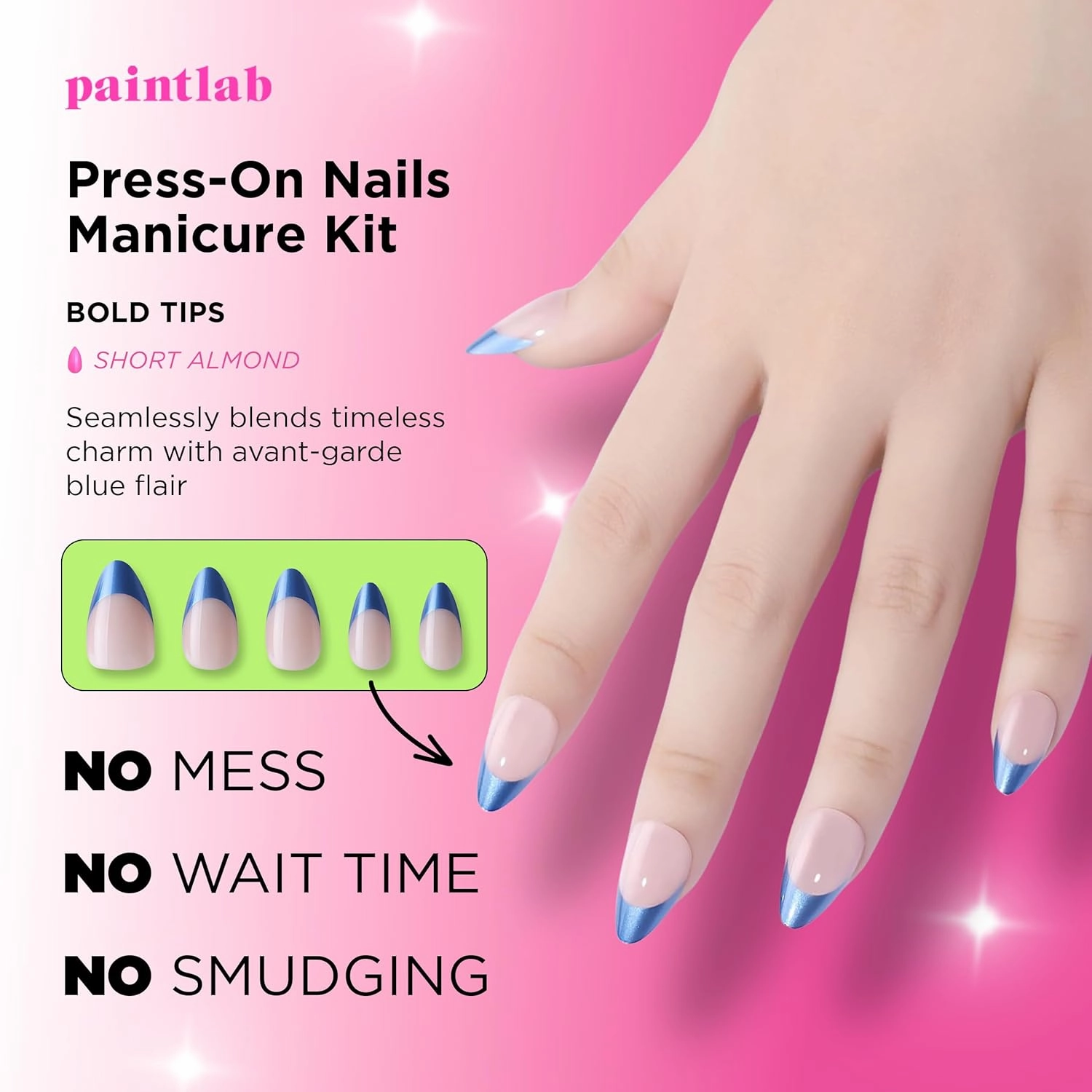 PaintLab Press-On Nails Manicure Kit, Bold Tips, 30-Piece Set, Long-Lasting Fake Nails with Glue, File, Prep Pad & Cuticle Stick