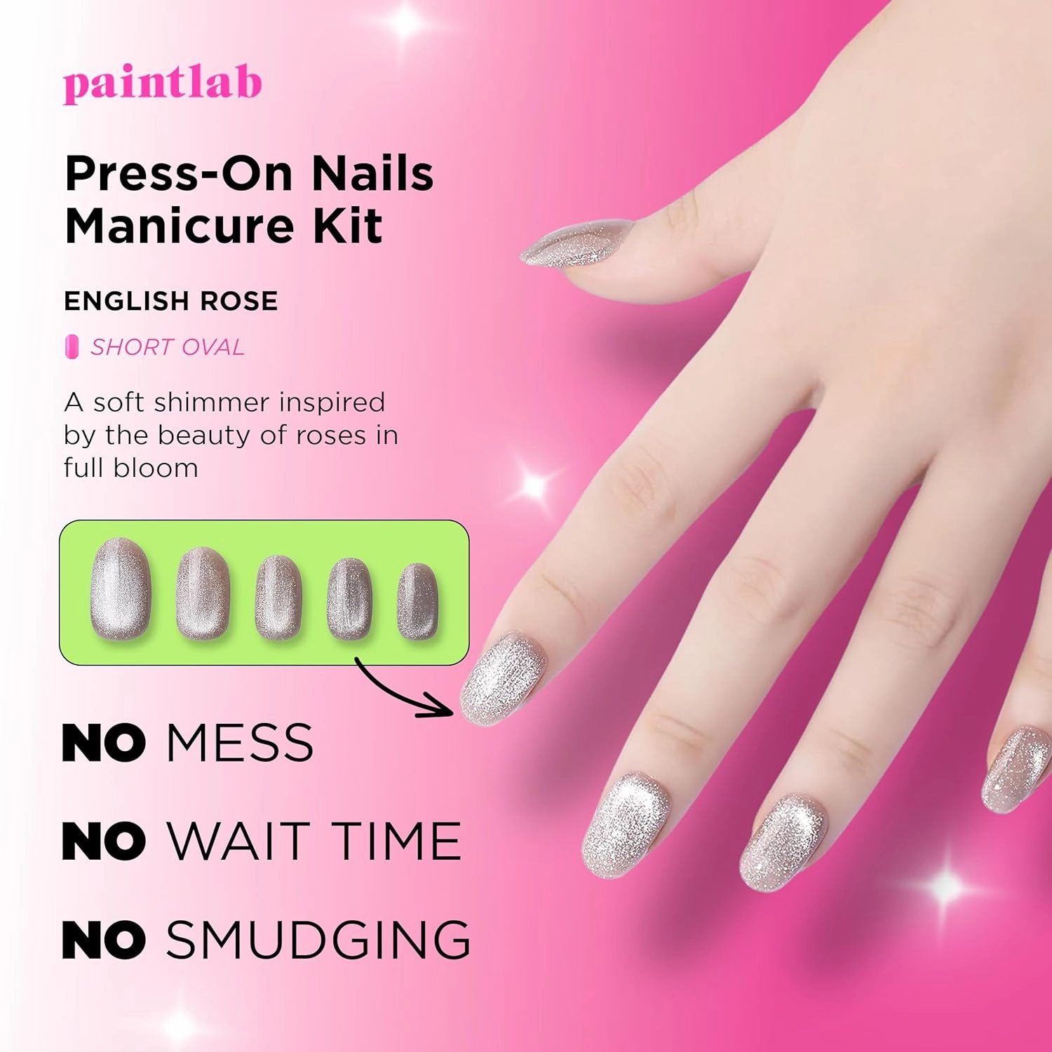 PaintLab Press-On Nails Manicure Kit, English Rose, 30-Piece Set, Long-Lasting Fake Nails with Glue, File, Prep Pad & Cuticle Stick