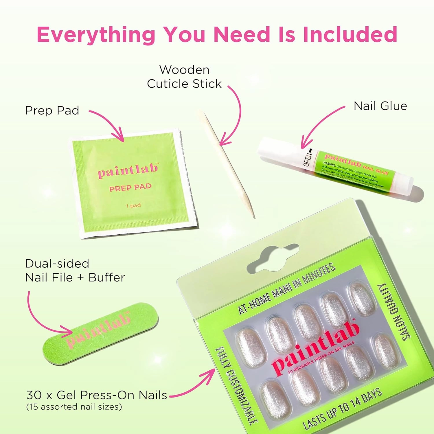 PaintLab Press-On Nails Manicure Kit, English Rose, 30-Piece Set, Long-Lasting Fake Nails with Glue, File, Prep Pad & Cuticle Stick