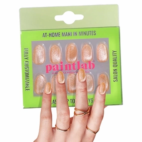 PaintLab Press-On Nails Manicure Kit, Orangesicle Cat Eye, 30-Piece Set, Long-Lasting Fake Nails with Glue, File, Prep Pad & Cuticle Stick