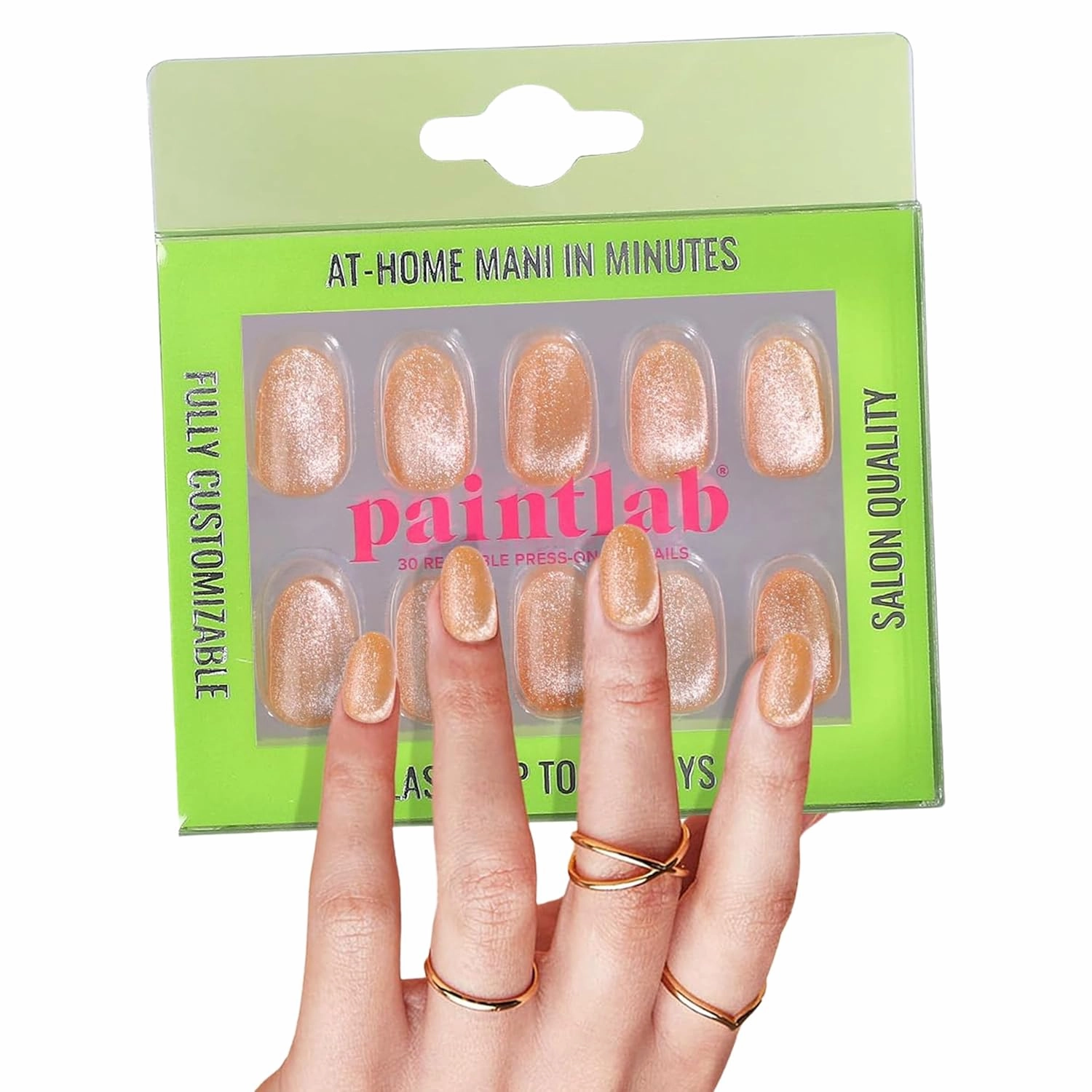PaintLab Press-On Nails Manicure Kit, Orangesicle Cat Eye, 30-Piece Set, Long-Lasting Fake Nails with Glue, File, Prep Pad & Cuticle Stick