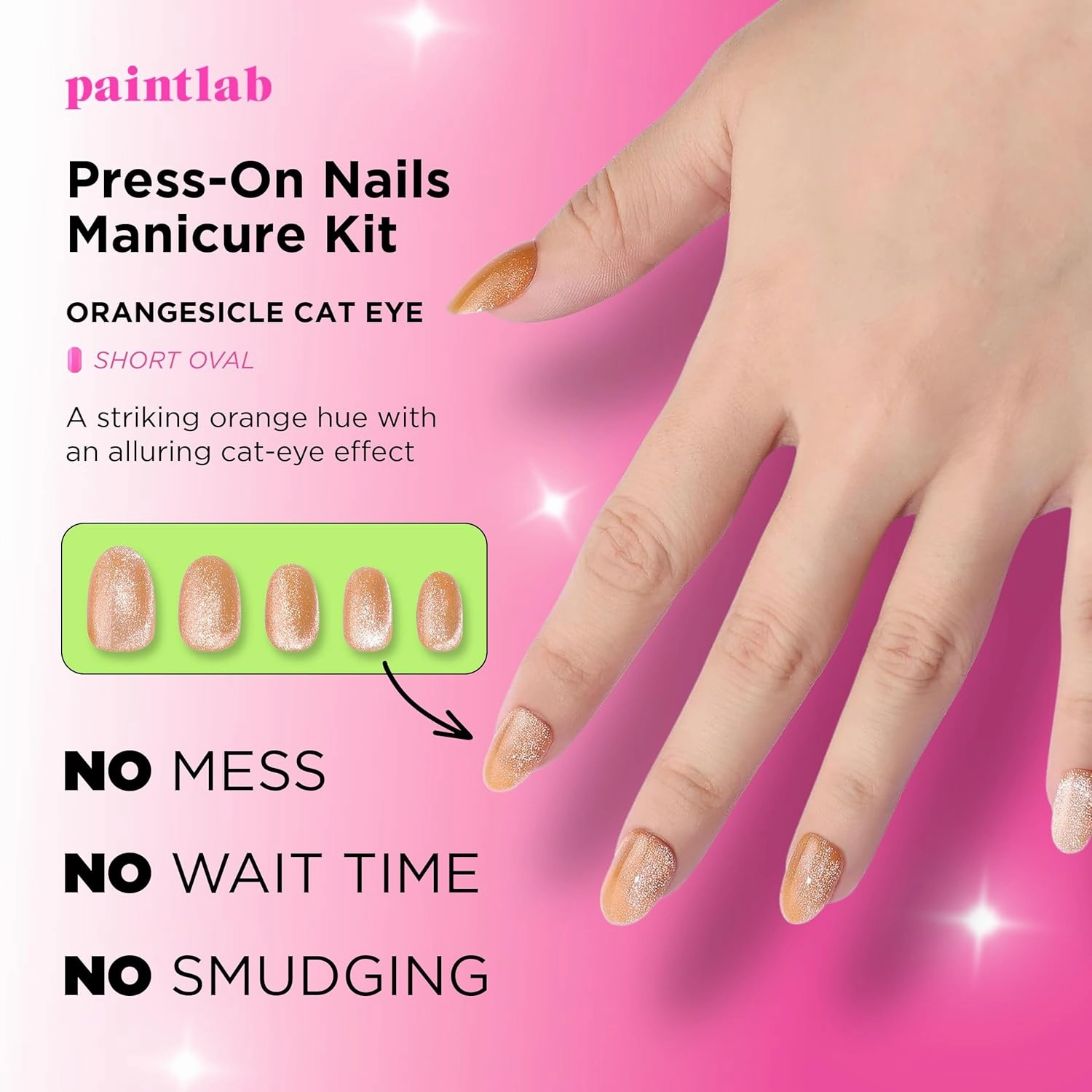 PaintLab Press-On Nails Manicure Kit, Orangesicle Cat Eye, 30-Piece Set, Long-Lasting Fake Nails with Glue, File, Prep Pad & Cuticle Stick