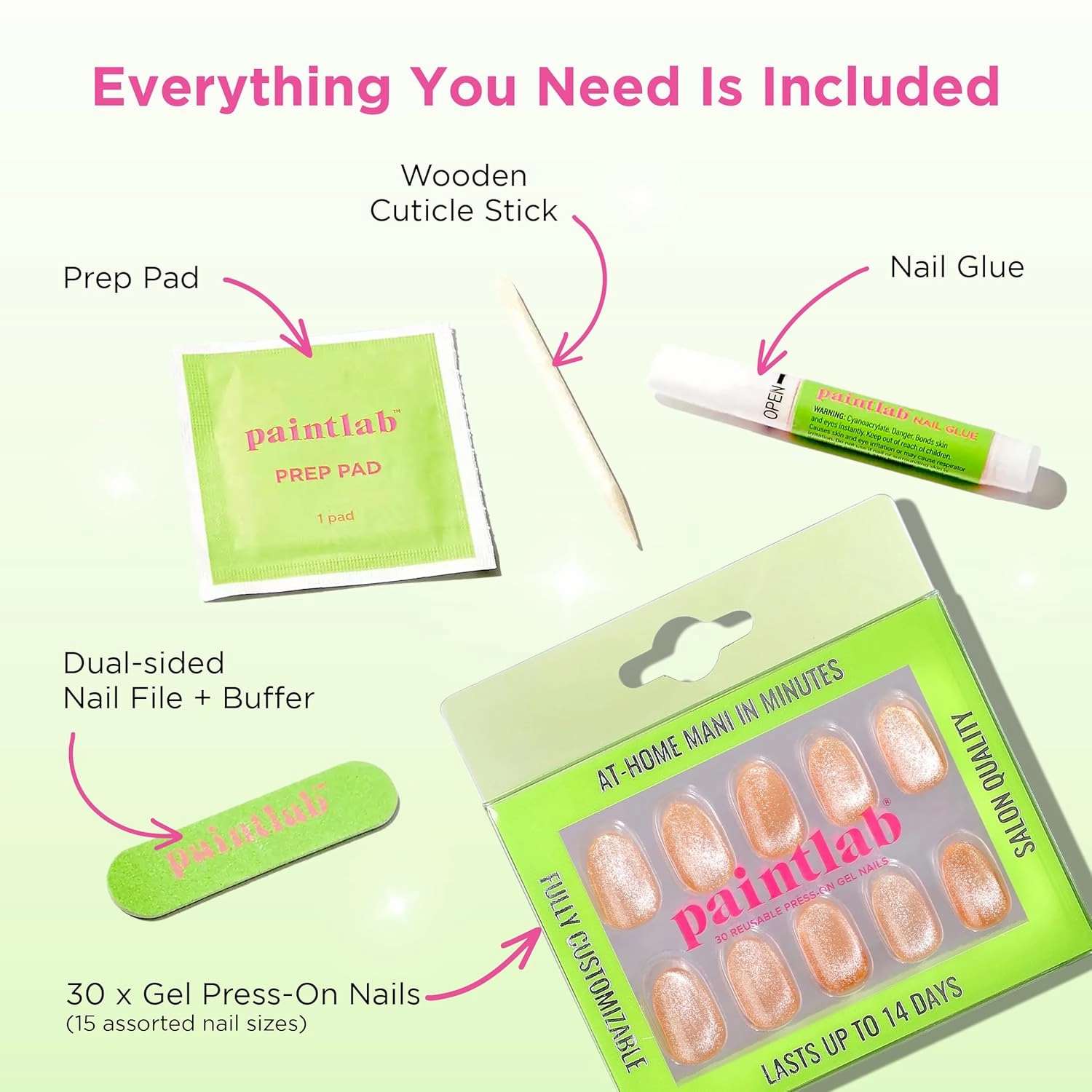 PaintLab Press-On Nails Manicure Kit, Orangesicle Cat Eye, 30-Piece Set, Long-Lasting Fake Nails with Glue, File, Prep Pad & Cuticle Stick