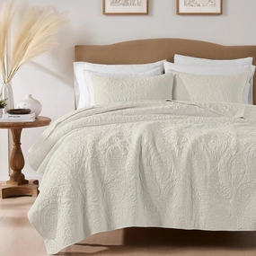palassio Beige Paisley 100% Cotton Quilt King Size Bedding Sets with 2 Pillow Shams, Boho Floral Lightweight Farmhouse Country Vintage Soft Bedspread Shabby Chic Coverlet for All Season, 3 Pieces