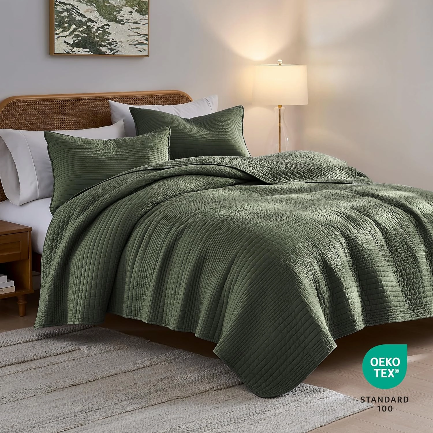 palassio Striped Olive Green 100% Cotton Quilt King Size Bedding Sets, Lightweight Crinkly Channel Pick Stitch Textured Bedspread Soft Shabby Chic Farmhouse Country Coverlet for All Season, 2 Shams