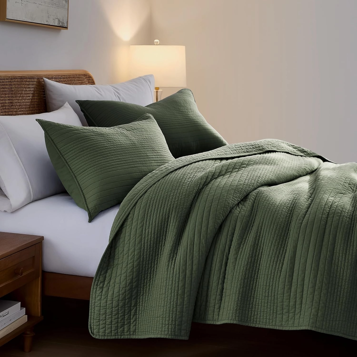palassio Striped Olive Green 100% Cotton Quilt King Size Bedding Sets, Lightweight Crinkly Channel Pick Stitch Textured Bedspread Soft Shabby Chic Farmhouse Country Coverlet for All Season, 2 Shams
