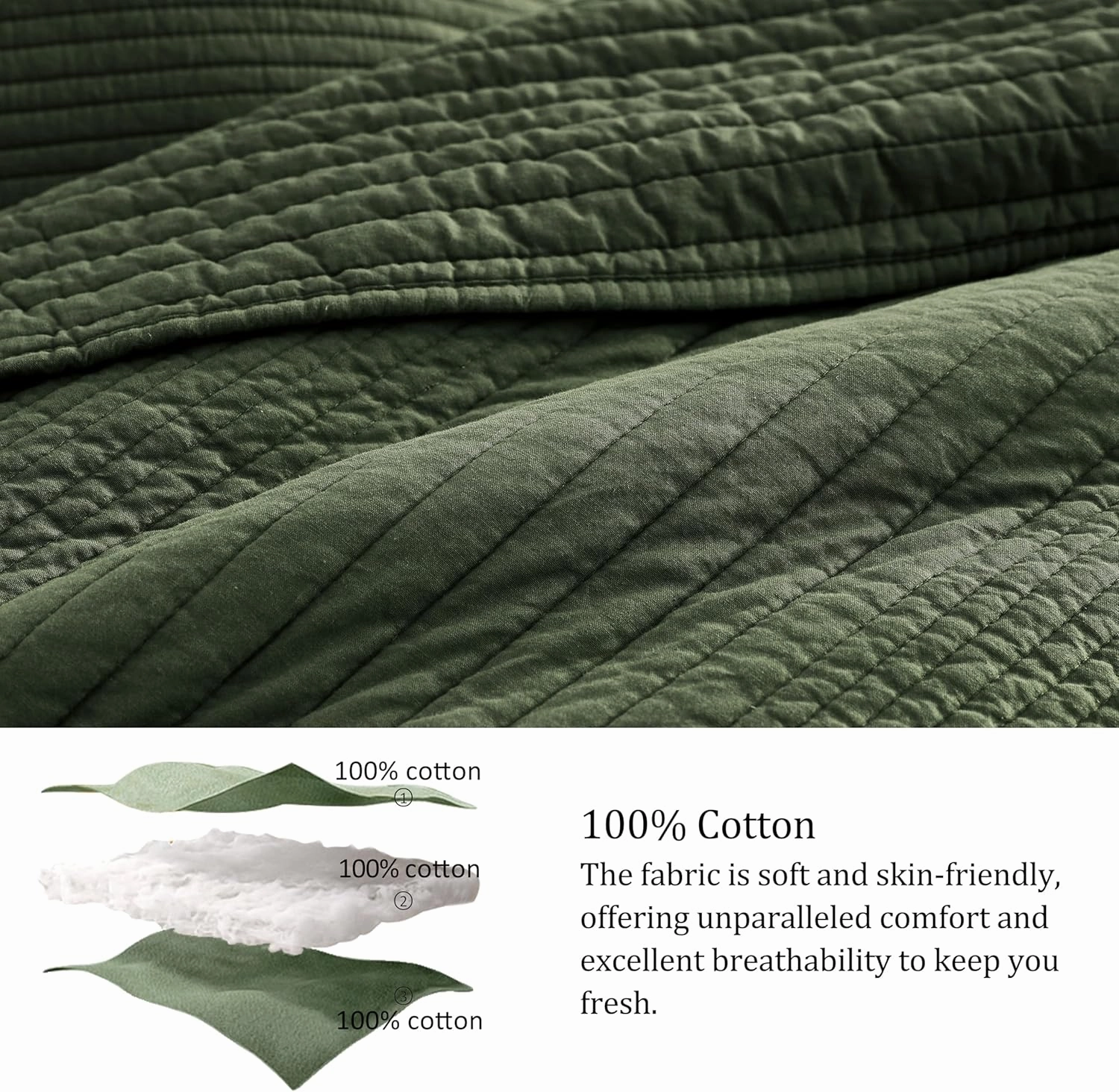 palassio Striped Olive Green 100% Cotton Quilt King Size Bedding Sets, Lightweight Crinkly Channel Pick Stitch Textured Bedspread Soft Shabby Chic Farmhouse Country Coverlet for All Season, 2 Shams