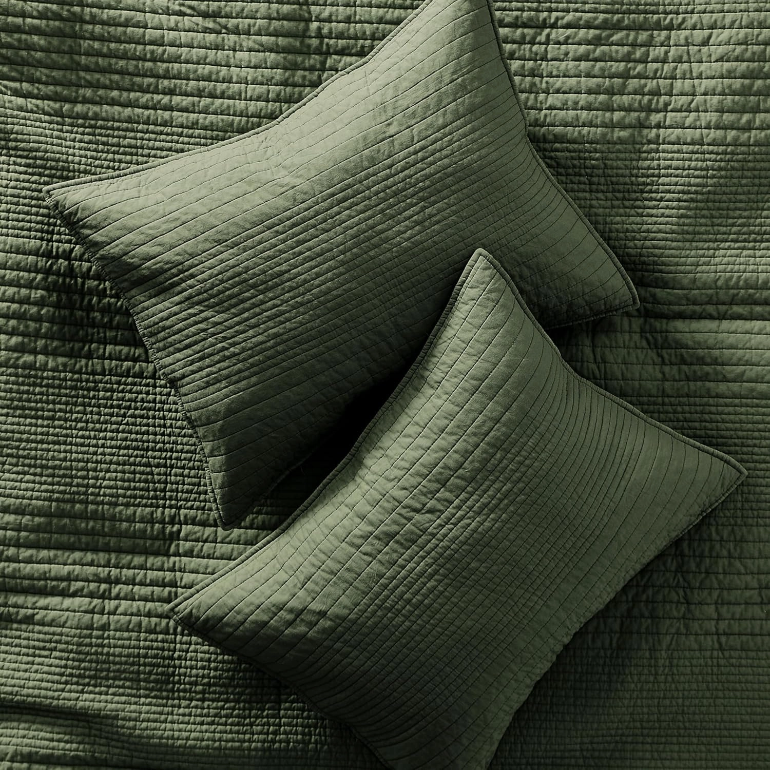palassio Striped Olive Green 100% Cotton Quilt King Size Bedding Sets, Lightweight Crinkly Channel Pick Stitch Textured Bedspread Soft Shabby Chic Farmhouse Country Coverlet for All Season, 2 Shams