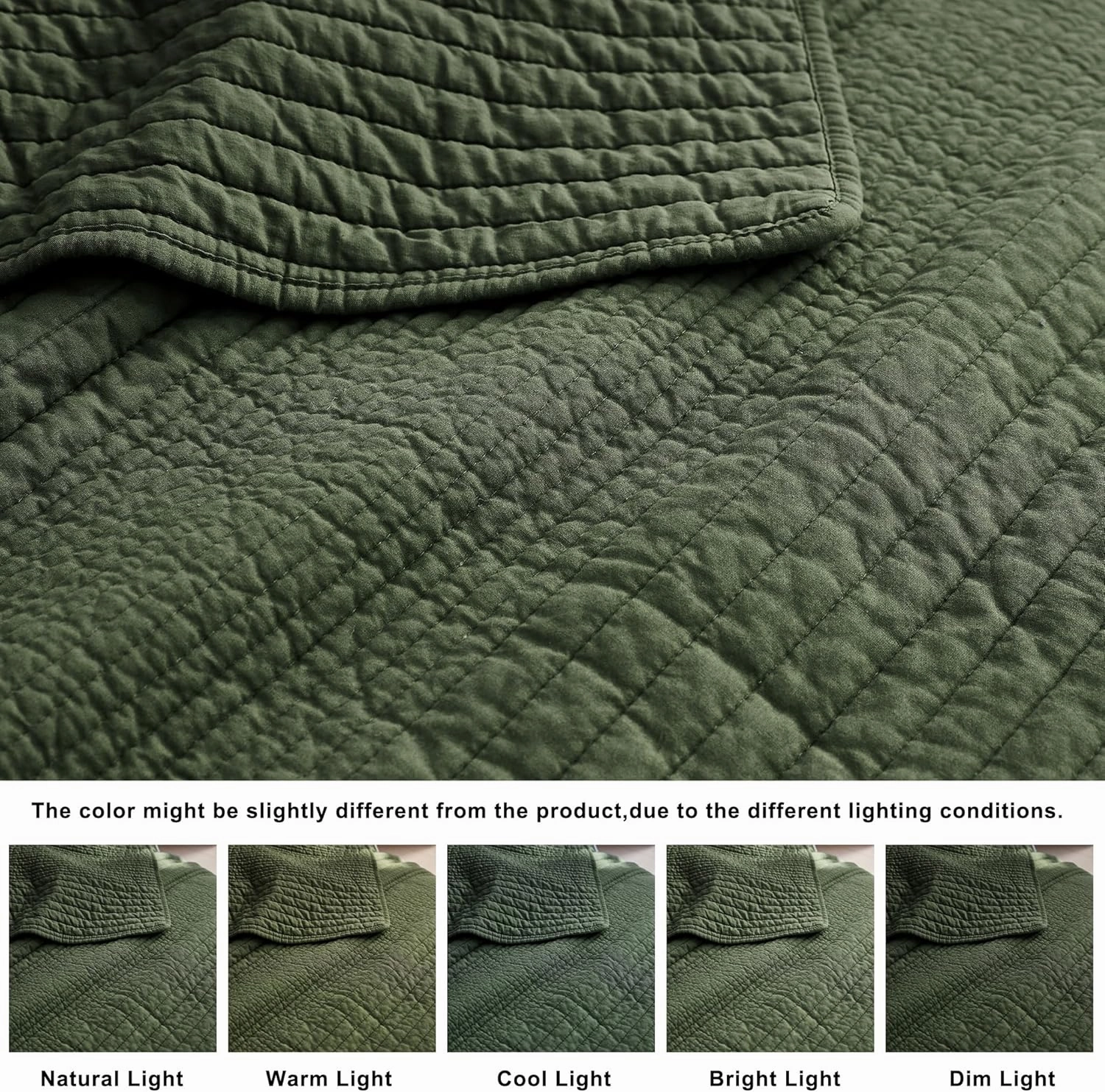 palassio Striped Olive Green 100% Cotton Quilt King Size Bedding Sets, Lightweight Crinkly Channel Pick Stitch Textured Bedspread Soft Shabby Chic Farmhouse Country Coverlet for All Season, 2 Shams
