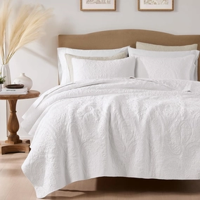 palassio White Paisley 100% Cotton Quilt King Size Bedding Sets with 2 Pillow Shams, Boho Floral Lightweight Farmhouse Country Vintage Soft Bedspread Shabby Chic Coverlet for All Season, 3 Pieces
