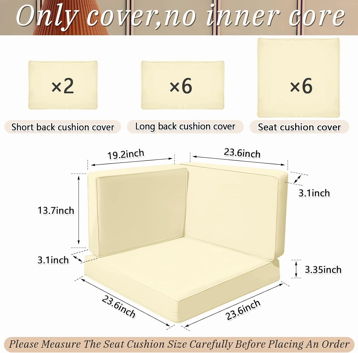 Patelai 14 Pcs Waterproof Outdoor Patio Cushion Covers Replacement 24 x 24 UV Proof Wicker Sofa Sectional Seat Slipcovers for Rattan Conversation Sectional Set Supplies, Covers Only(Beige,14 Pcs)