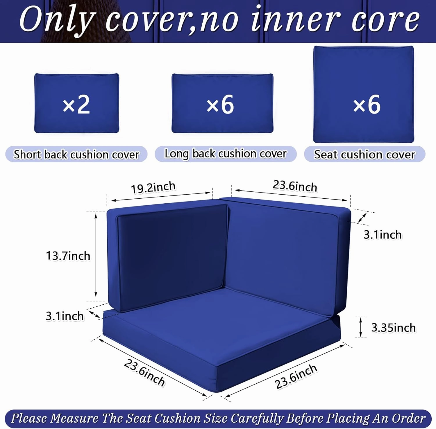 Patelai 14 Pcs Waterproof Outdoor Patio Cushion Covers Replacement 24 x 24 UV Proof Wicker Sofa Sectional Seat Slipcovers for Rattan Conversation Sectional Set Supplies, Covers Only(Navy Blue,14 Pcs)