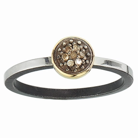 Pavé Diamond Ring, 6mm Pavé Diamond, 14k Gold Bezel, on Straight Sterling Silver Band with Notch Accents.