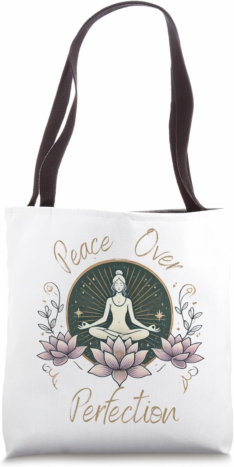 Peace Over Perfection Mindful Yoga Lotus Zen Calm Design Tote Bag
