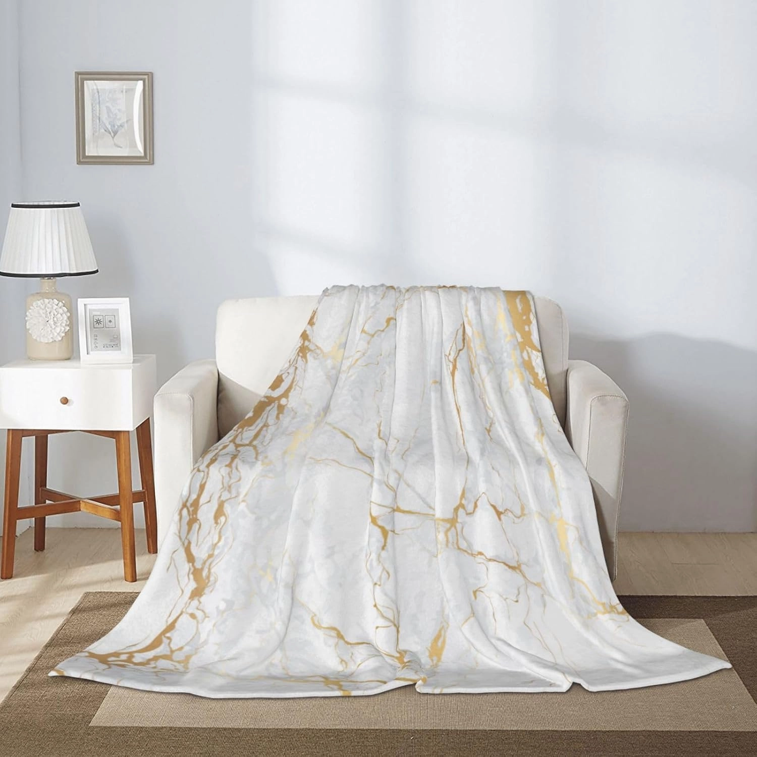 Perinsto White Marble Print Throw Blanket Ultra Soft Warm All Season Marbling Texture Decorative Fleece Blankets for Bed Chair Car Sofa Couch Bedroom 50"X40"