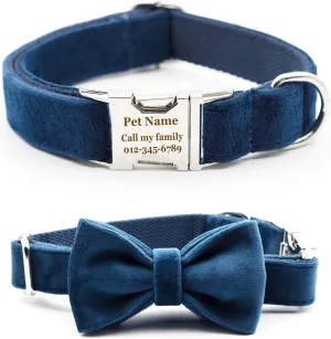 Personalized Dog Collar with Bowtie, Engraved Collar with Customized Text for Large Medium Small Dogs Think Velvet Style (Thick Midnight Blue Velvet)