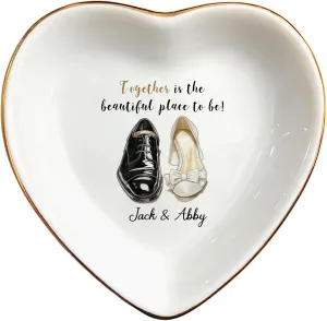 Personalized Ring Dish For Bride and Groom-Engagement Wedding Gifts for Friends,Sister,Birthday Christmas Gifts for Women-Groom and Bride's Shoes Designed White CeramicJewelry Tray For Couple