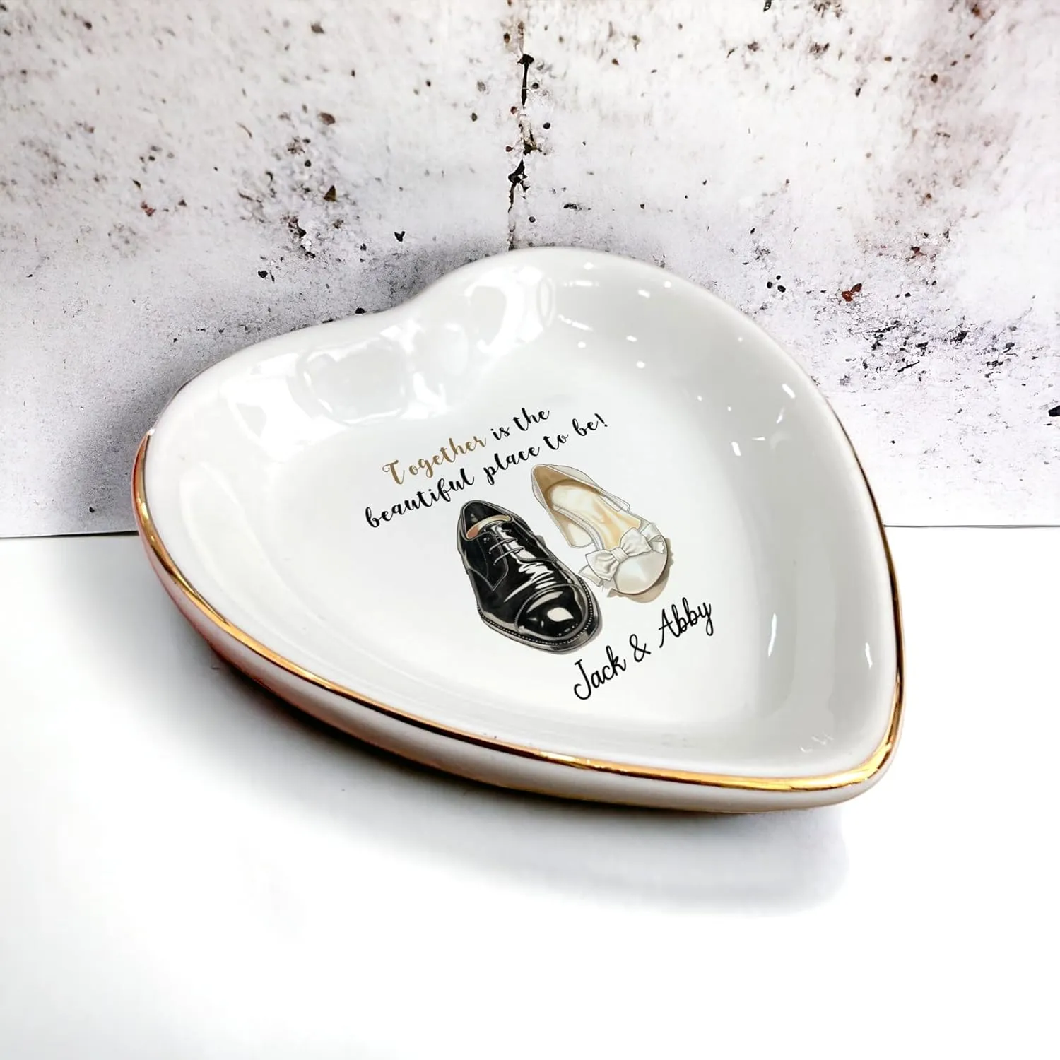 Personalized Ring Dish For Bride and Groom-Engagement Wedding Gifts for Friends,Sister,Birthday Christmas Gifts for Women-Groom and Bride's Shoes Designed White CeramicJewelry Tray For Couple
