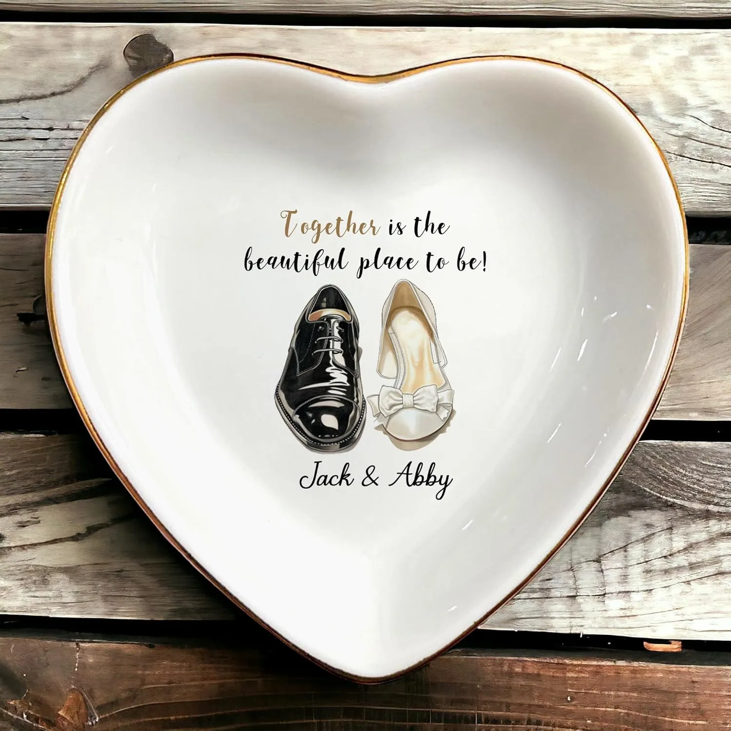 Personalized Ring Dish For Bride and Groom-Engagement Wedding Gifts for Friends,Sister,Birthday Christmas Gifts for Women-Groom and Bride's Shoes Designed White CeramicJewelry Tray For Couple