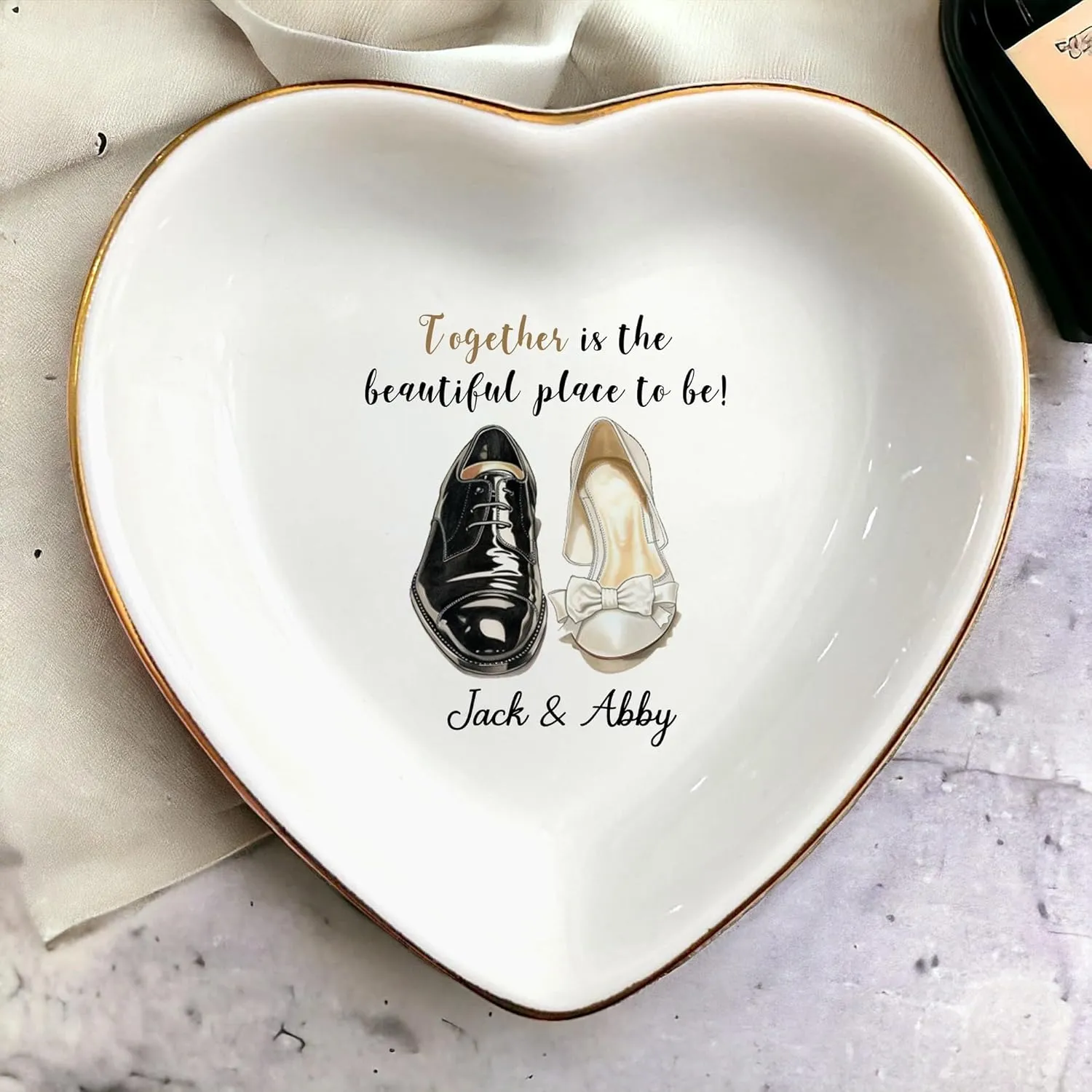 Personalized Ring Dish For Bride and Groom-Engagement Wedding Gifts for Friends,Sister,Birthday Christmas Gifts for Women-Groom and Bride's Shoes Designed White CeramicJewelry Tray For Couple