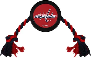 Pets First Tough Rubber Dog & Cat Puck Toy - NHL Washington Capitals Heavy-Duty Rope Tug for Dogs & Cats
