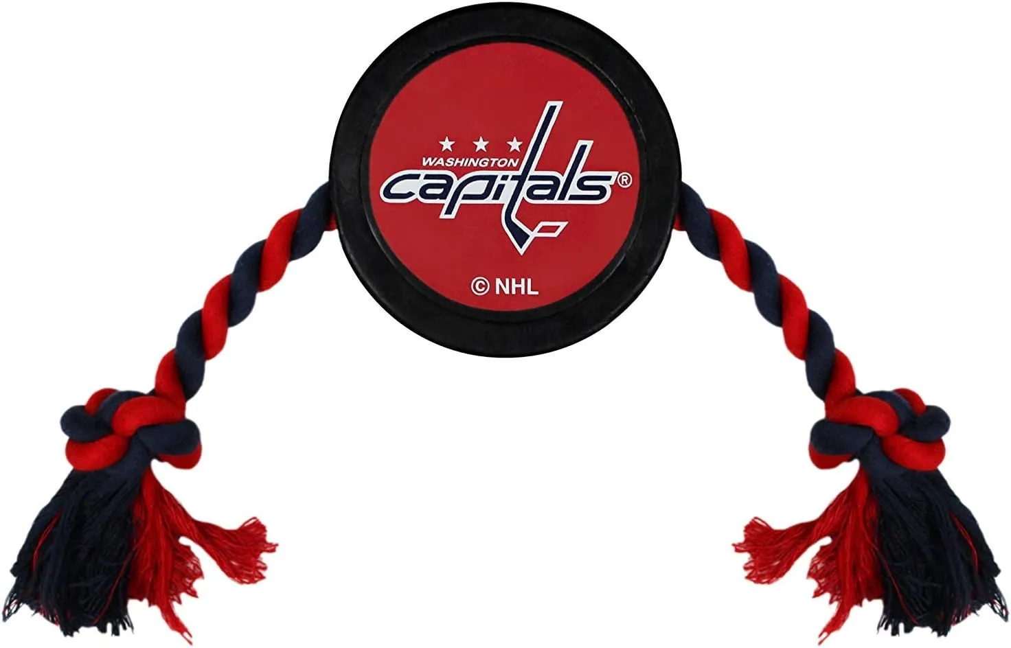 Pets First Tough Rubber Dog & Cat Puck Toy - NHL Washington Capitals Heavy-Duty Rope Tug for Dogs & Cats