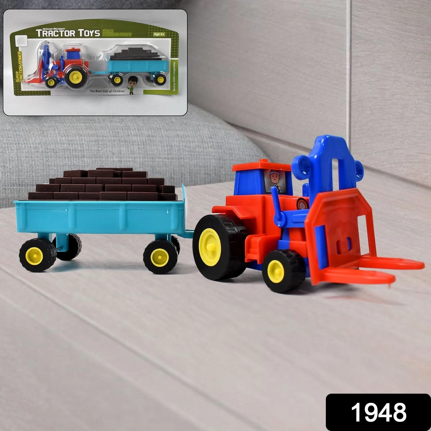 Plastic Friction-Powered Tractor Toy with Bricks Trolley – 1 Pc