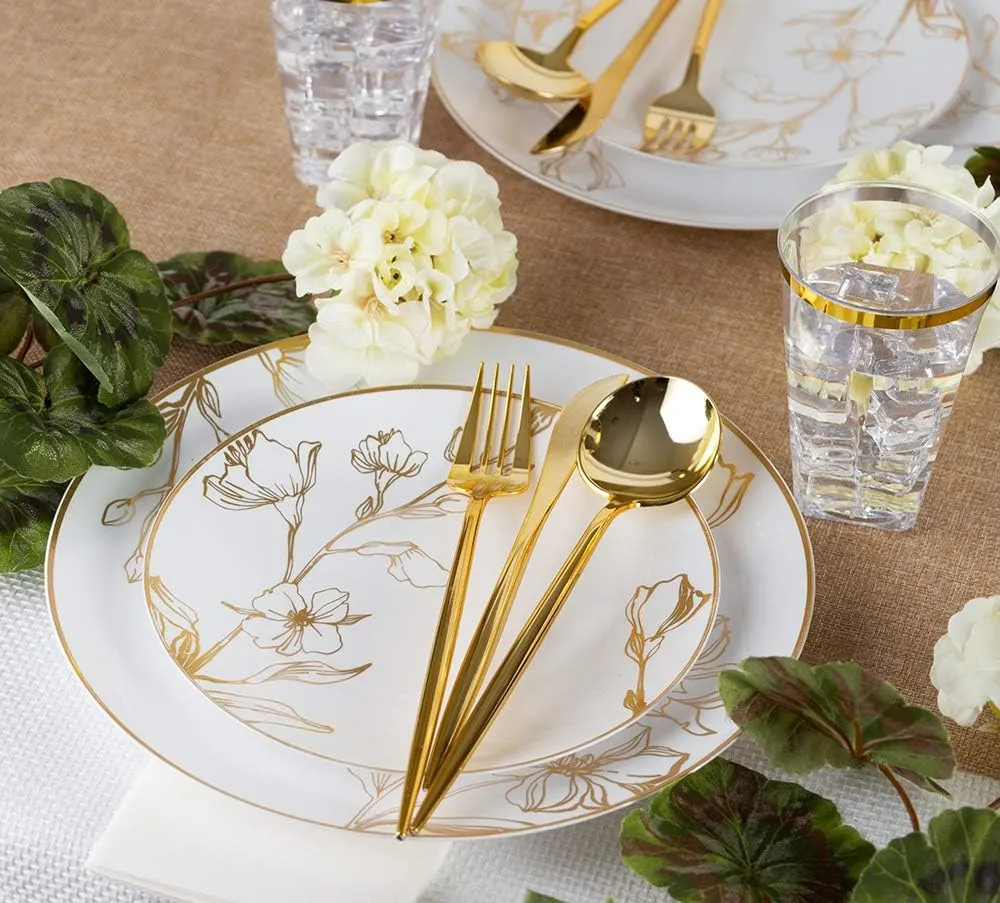 PLASTICPRO 32 Piece Combo Plates Set includes 16-7'' inch Plates & 16-10'' inch Plate White Plastic Floral Design Party Plate With Gold Rim, Premium heavyweight Elegant, Tableware,