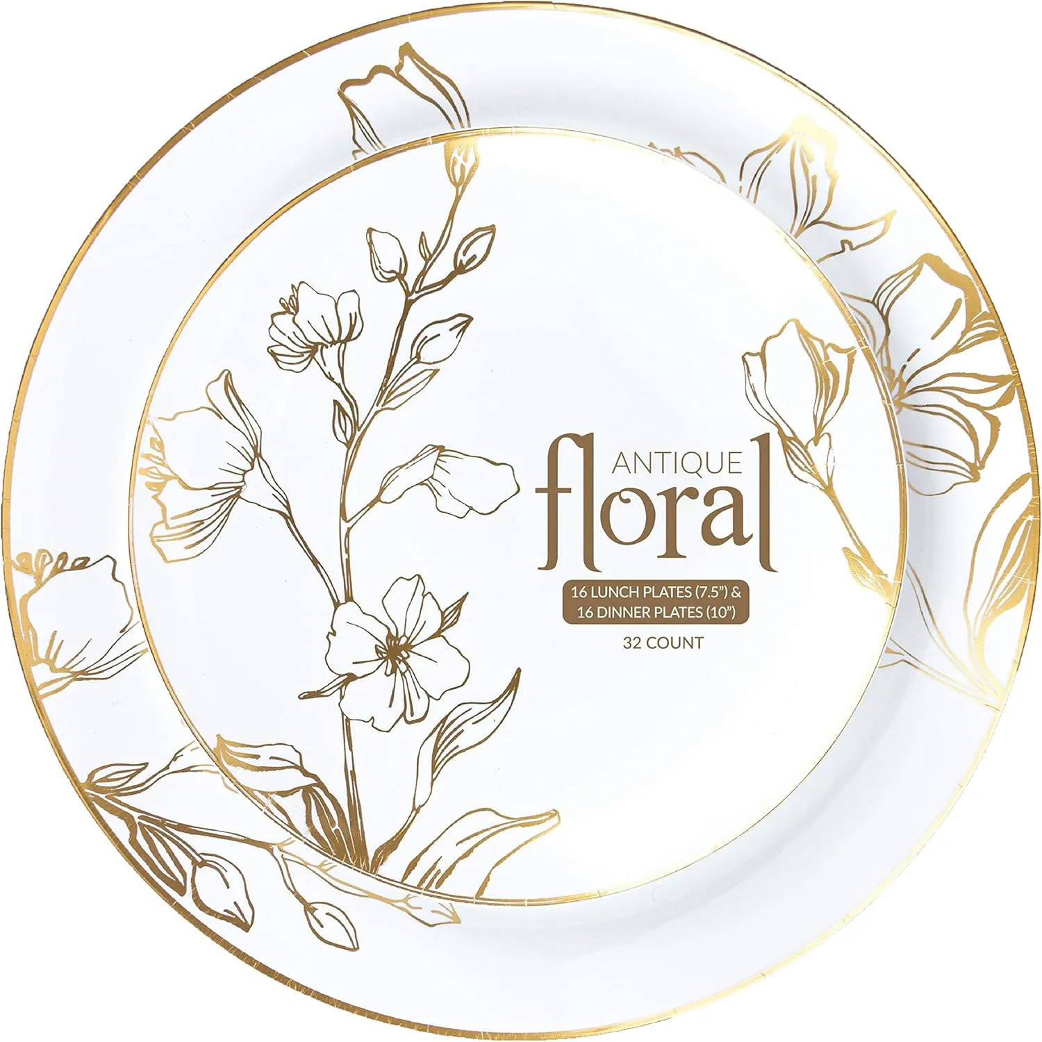 PLASTICPRO 32 Piece Combo Plates Set includes 16-7'' inch Plates & 16-10'' inch Plate White Plastic Floral Design Party Plate With Gold Rim, Premium heavyweight Elegant, Tableware,