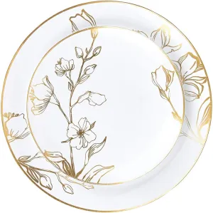 PLASTICPRO 32 Piece Combo Plates Set includes 16-7'' inch Plates & 16-10'' inch Plate White Plastic Floral Design Party Plate With Gold Rim, Premium heavyweight Elegant, Tableware,