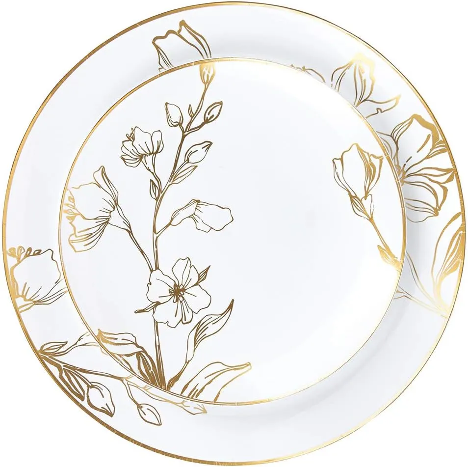PLASTICPRO 32 Piece Combo Plates Set includes 16-7'' inch Plates & 16-10'' inch Plate White Plastic Floral Design Party Plate With Gold Rim, Premium heavyweight Elegant, Tableware,