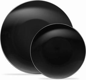 Plasticpro 32 Piece Combo Plates Set includes 16-7'' inch Plates & 16-10'' inch Plates Black Plates with Silver Rim Plastic PartyPlates Premium heavyweight Elegant, Disposable, Tableware, Dishes,