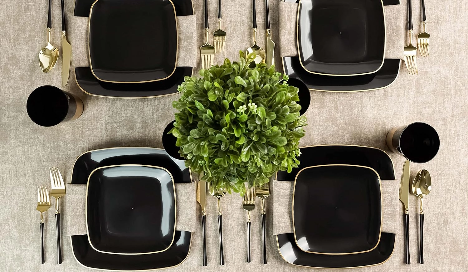 PLASTICPRO Square 32 Piece Combo Plates Set includes 16 x 7'' inch Salad Plates & 16 x 10'' inch Dinner Plates Black Plastic with Gold Rim Design Party Plates, Premium heavyweight Elegant,