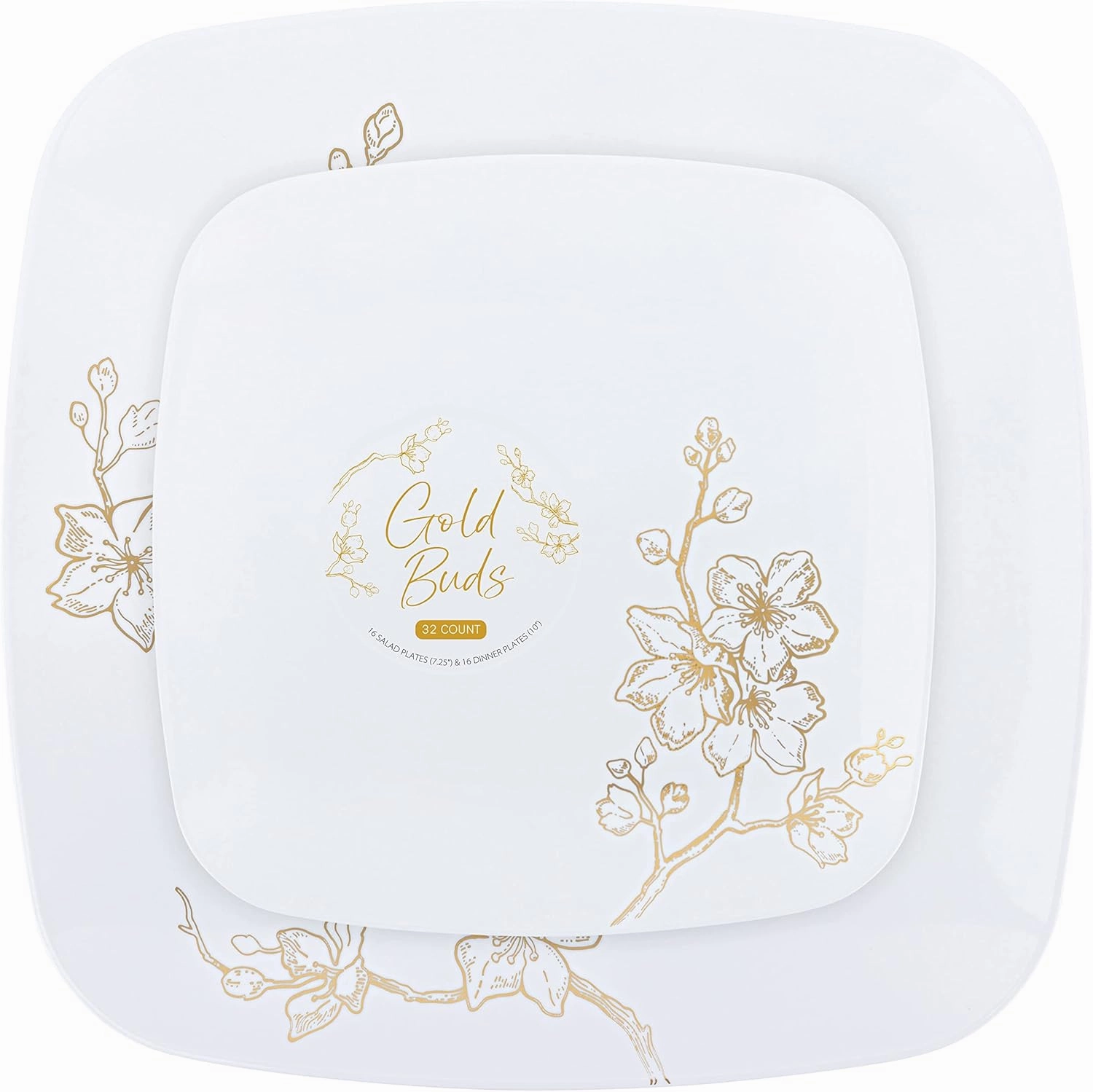 PLASTICPRO Square 32 Piece Combo Plates Set includes 16 x 7'' inch Salad Plates & 16 x 10'' inch Dinner Plates White Plastic Gold Buds Design Party Plates, Premium Elegant, Tableware,