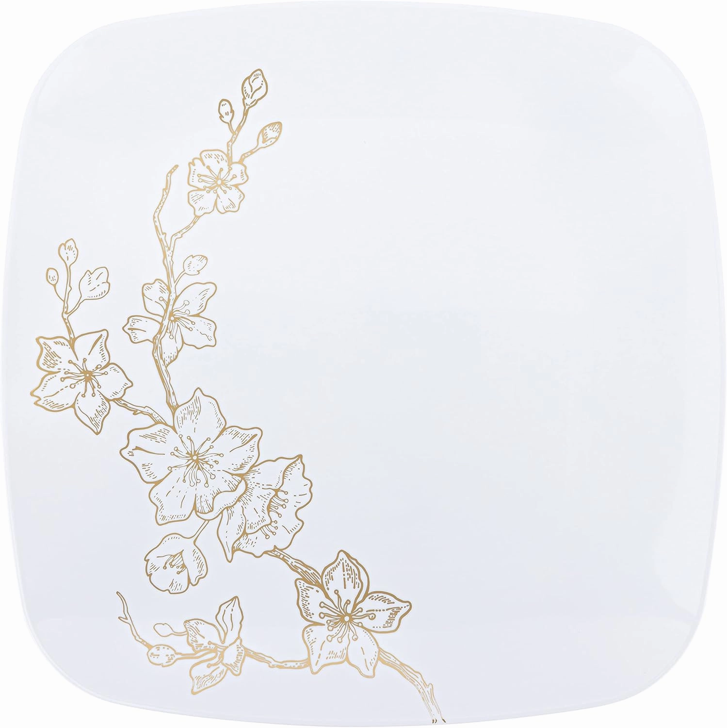 PLASTICPRO Square 32 Piece Combo Plates Set includes 16 x 7'' inch Salad Plates & 16 x 10'' inch Dinner Plates White Plastic Gold Buds Design Party Plates, Premium Elegant, Tableware,