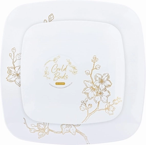 PLASTICPRO Square 32 Piece Combo Plates Set includes 16 x 7'' inch Salad Plates & 16 x 10'' inch Dinner Plates White Plastic Gold Buds Design Party Plates, Premium Elegant, Tableware,