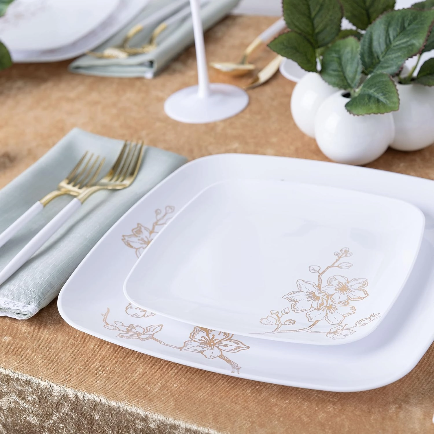 PLASTICPRO Square 32 Piece Combo Plates Set includes 16 x 7'' inch Salad Plates & 16 x 10'' inch Dinner Plates White Plastic Gold Buds Design Party Plates, Premium Elegant, Tableware,
