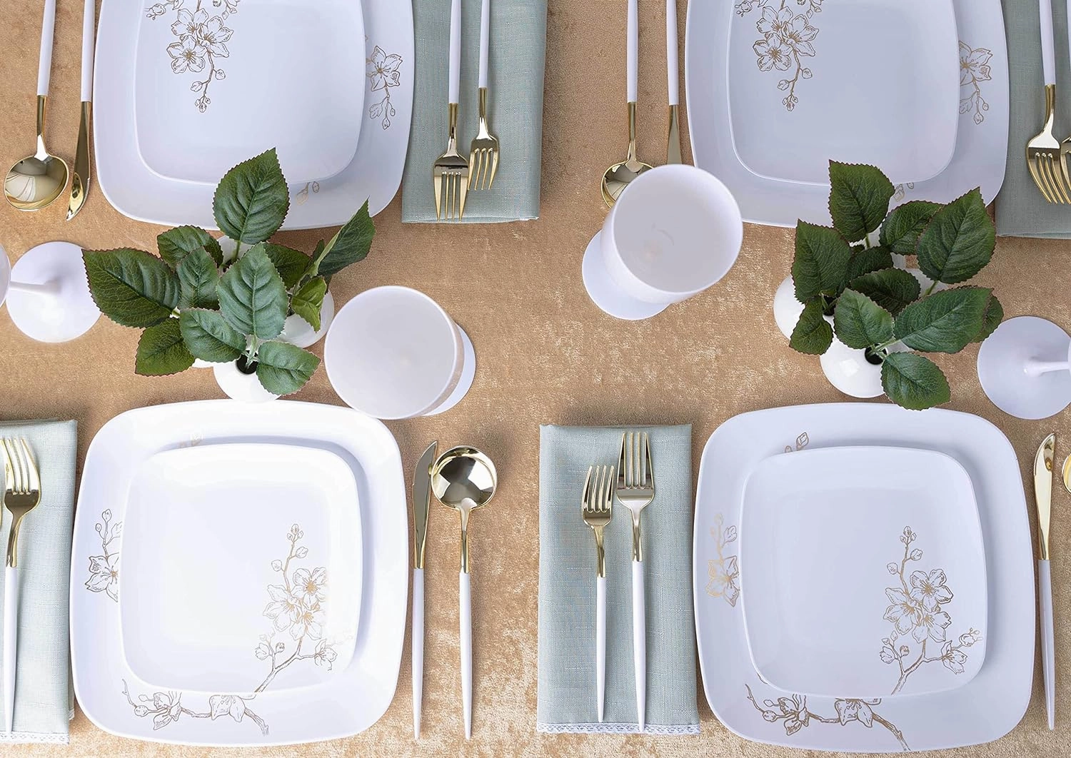 PLASTICPRO Square 32 Piece Combo Plates Set includes 16 x 7'' inch Salad Plates & 16 x 10'' inch Dinner Plates White Plastic Gold Buds Design Party Plates, Premium Elegant, Tableware,