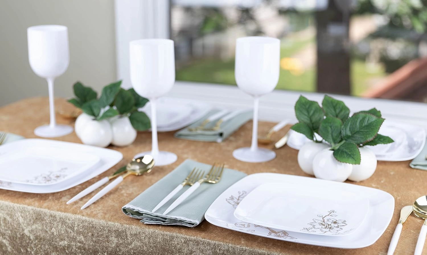 PLASTICPRO Square 32 Piece Combo Plates Set includes 16 x 7'' inch Salad Plates & 16 x 10'' inch Dinner Plates White Plastic Gold Buds Design Party Plates, Premium Elegant, Tableware,