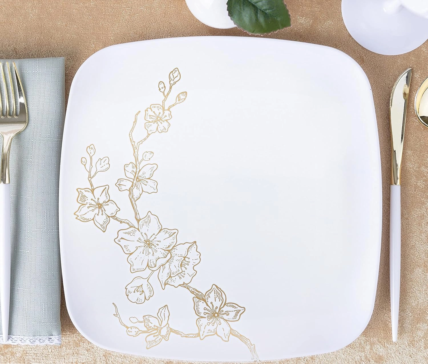 PLASTICPRO Square 32 Piece Combo Plates Set includes 16 x 7'' inch Salad Plates & 16 x 10'' inch Dinner Plates White Plastic Gold Buds Design Party Plates, Premium Elegant, Tableware,