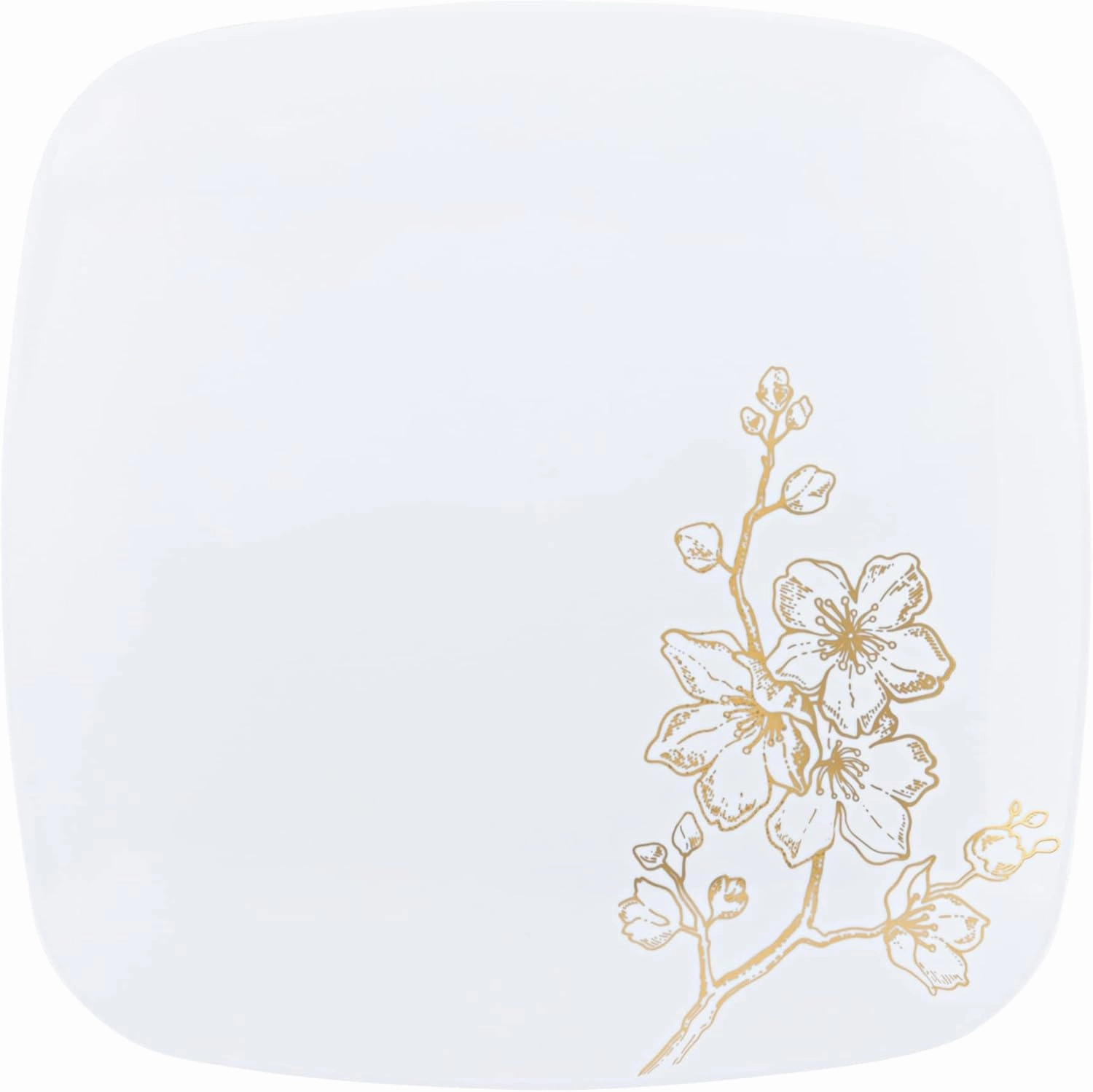 PLASTICPRO Square 32 Piece Combo Plates Set includes 16 x 7'' inch Salad Plates & 16 x 10'' inch Dinner Plates White Plastic Gold Buds Design Party Plates, Premium Elegant, Tableware,
