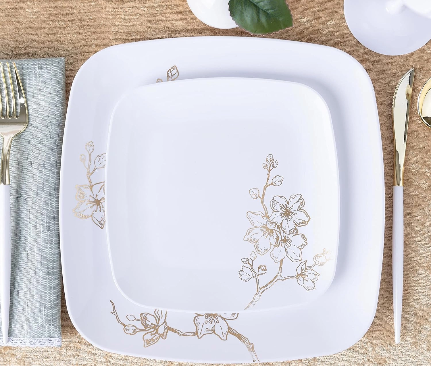 PLASTICPRO Square 32 Piece Combo Plates Set includes 16 x 7'' inch Salad Plates & 16 x 10'' inch Dinner Plates White Plastic Gold Buds Design Party Plates, Premium Elegant, Tableware,