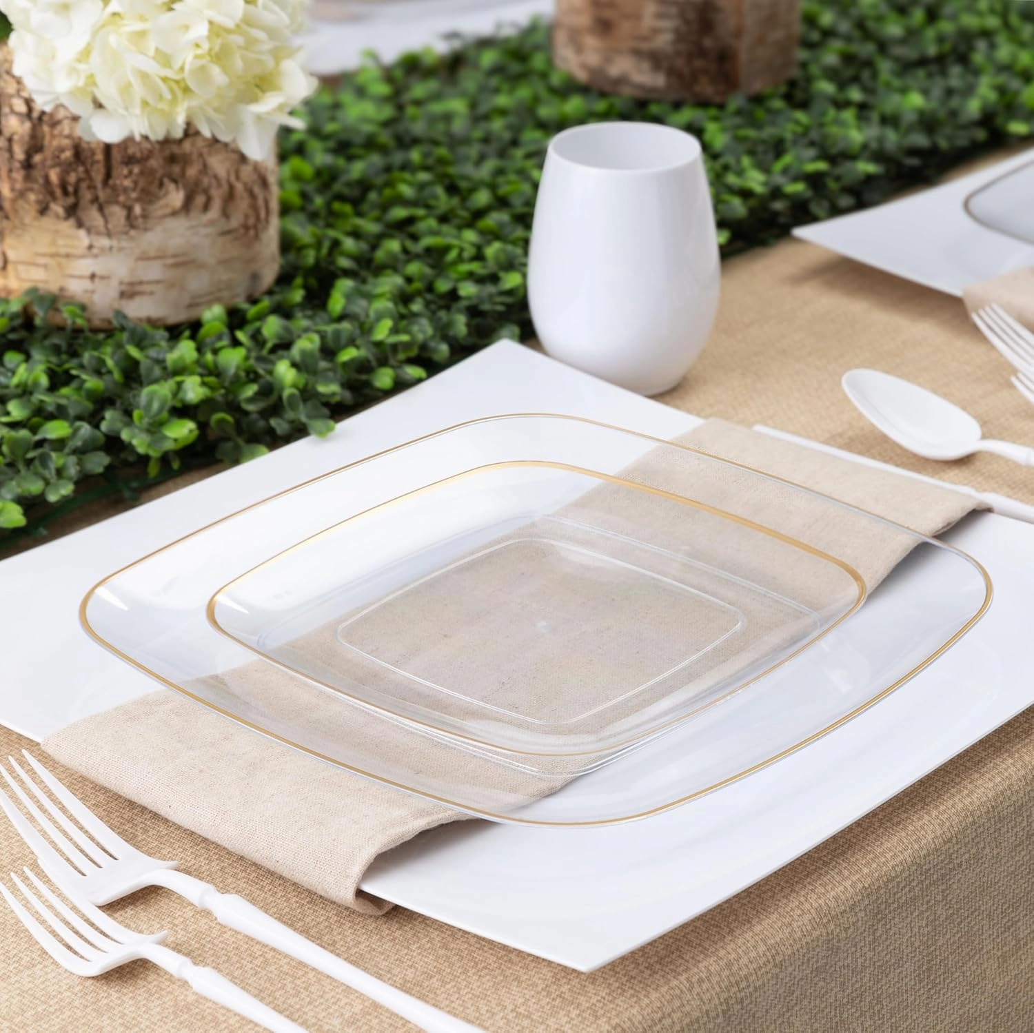 PLASTICPRO Square Clear Plastic Organic Design Party Plates includes 16 7.25'' & 16 10'' Premium heavyweight Elegant Disposable Tableware Dishes