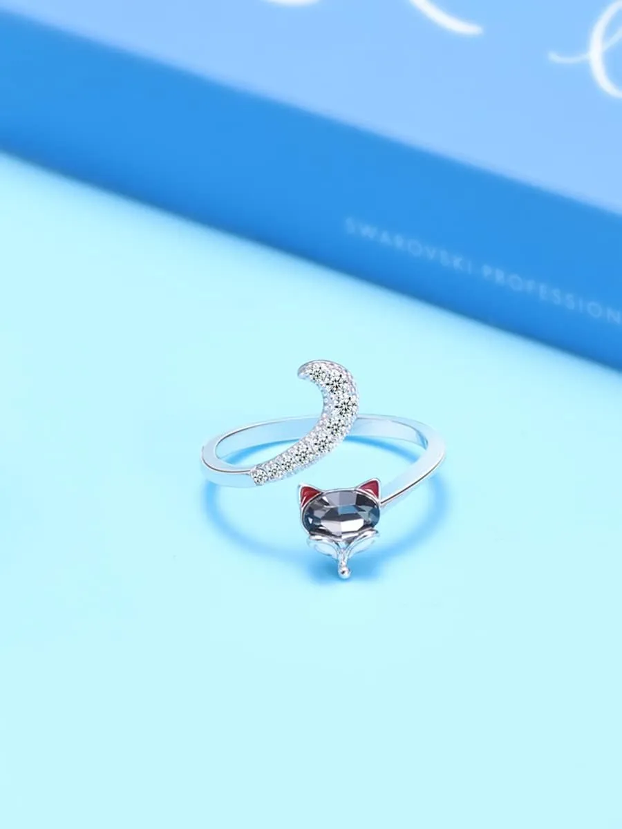 PLATO H Crystal Fox Head Ring for Women in Sterling Silver - Unique Animal Tail Bands with Jewelry Box, Gifts for Wedding Anniversaries, Valentine's Day, Birthday, Christmas, Adjustable Open Stacking