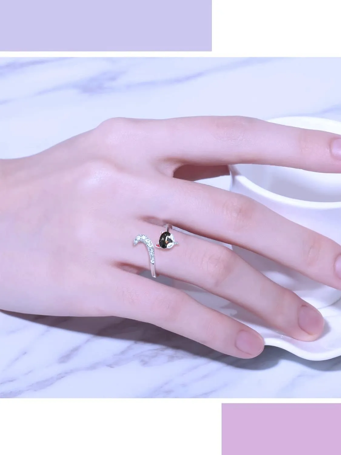 PLATO H Crystal Fox Head Ring for Women in Sterling Silver - Unique Animal Tail Bands with Jewelry Box, Gifts for Wedding Anniversaries, Valentine's Day, Birthday, Christmas, Adjustable Open Stacking